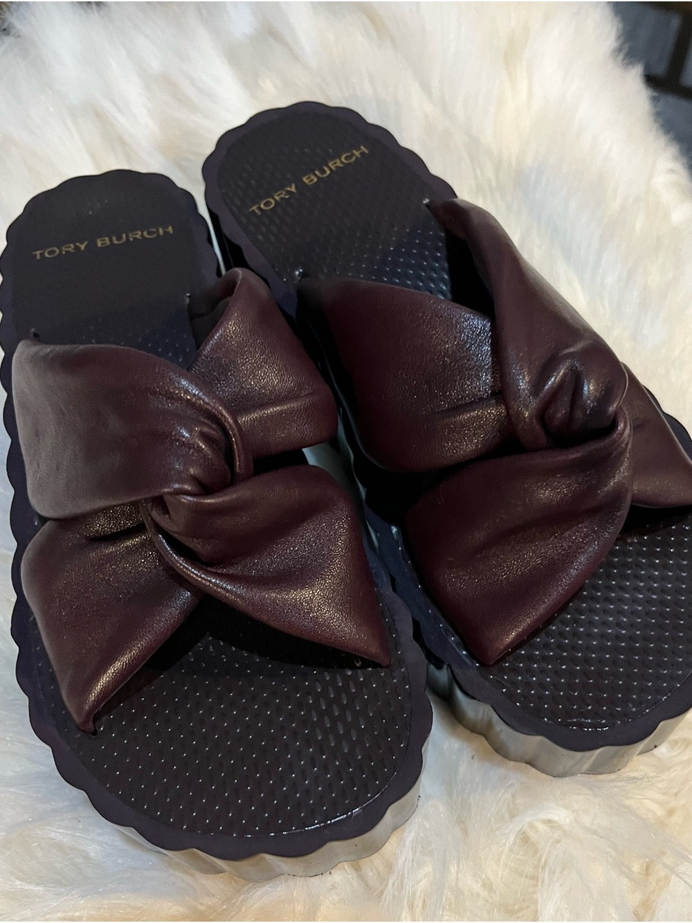 Tory Burch Deep Burgundy Knotted Platform Slides